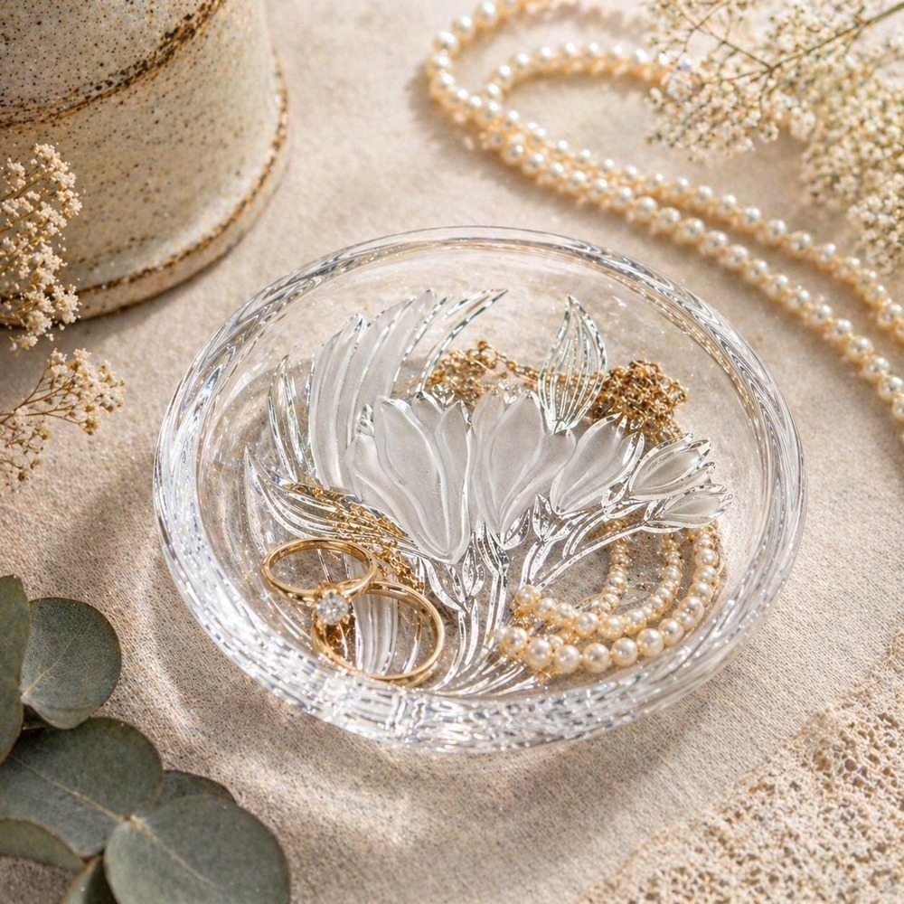 Vintage Mikasa Crystal Floral Etched Trinket Dish Round Vanity Catchall Dish